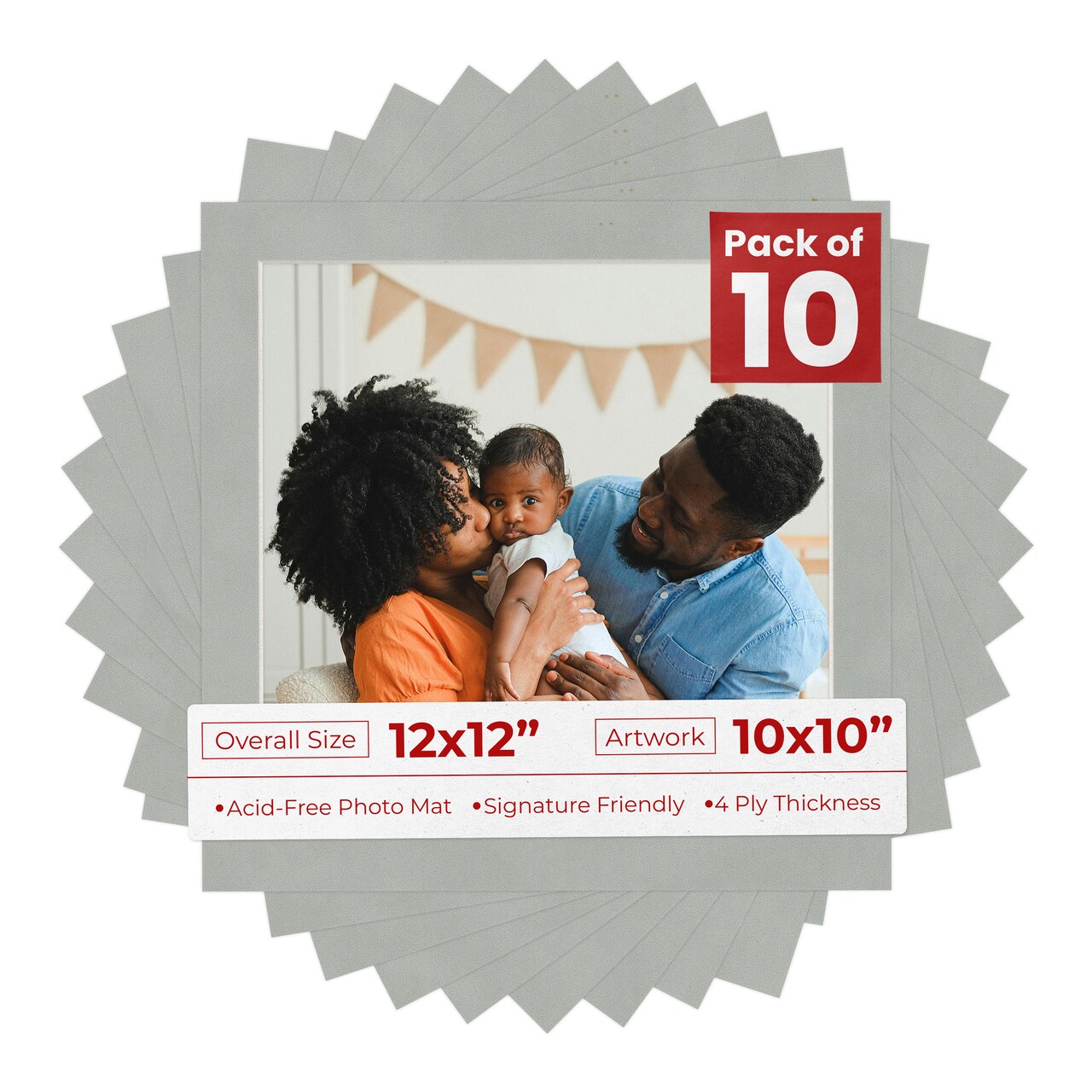 Light Grey Suede Mat Board for 12x12 Frames - Fits 10x10 Photos